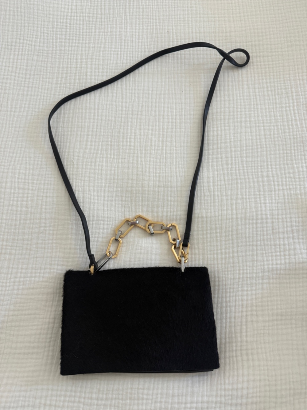 AllSaints Black leather and calf hair Crossbody Bag or Clutch Gold Chain